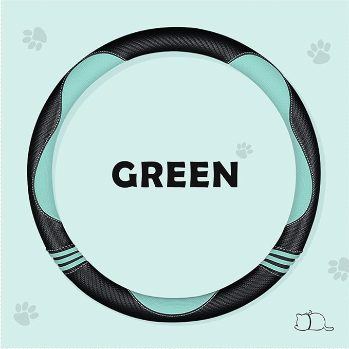 HighnessHwoo Car Steering Wheel Covers for Women Girl Padded Carbon Fiber PU Leather Cute Cartoon Auto Interior Accessories for Jeep, Truck, Universal, Anti Slip, Green, Large Size, 15.2-16in