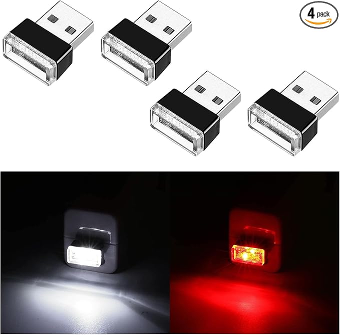 Ziciner 4 PCS USB LED Car Interior Atmosphere Lamp, Portable Mini LED Night Light, Plug-in USB Interface Trunk Ambient Lighting Kit, Universal Car Interior Accessories (White, Red)