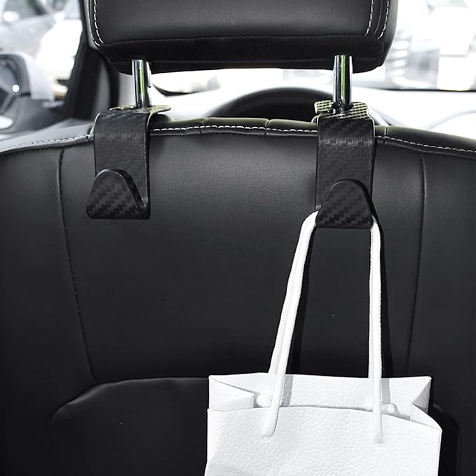 Car Back Seat Headrest Hooks, 4 Pack Carbon Fiber Stylish Back Seat Hanger for Car Handbag Clothes Coats Grocery Bags, Car Interior Accessories (Carbon Fibre/Black)