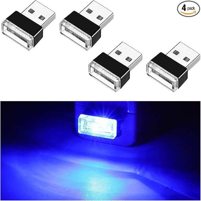 Ziciner 4 PCS USB LED Car Interior Atmosphere Lamp, Portable Mini LED Night Light, Plug-in USB Interface Trunk Ambient Lighting Kit, Universal Car Interior Accessories (Blue)