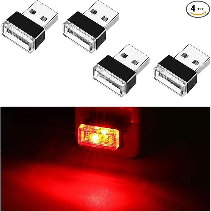 Ziciner 4 PCS USB LED Car Interior Atmosphere Lamp, Portable Mini LED Night Light, Plug-in USB Interface Trunk Ambient Lighting Kit, Universal Car Interior Accessories (Red)