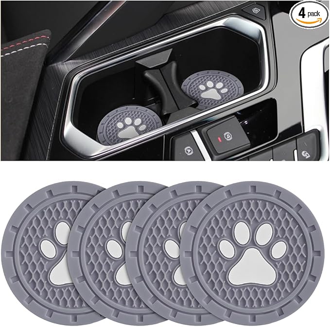 Osilly Car Cup Holder Coaster, 4 Pack PVC Paw Print Anti Slip Insert Coasters, 2.75 Inch Universal Cute Dog Paw Auto Drink Mat, Car Interior Accessories Decor for SUV, Truck, RV and More (Gray)