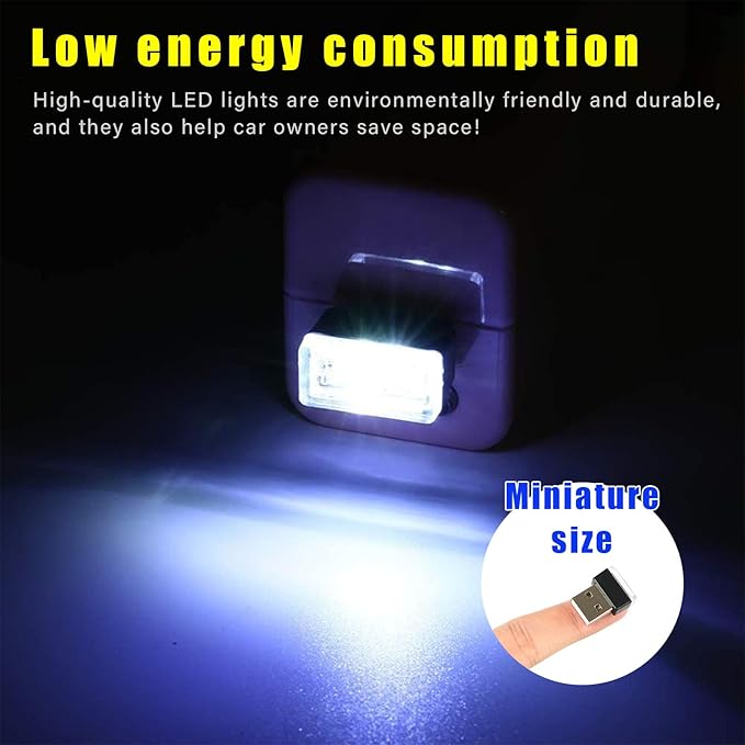 Augeny 4 PCS USB LED Car Interior Atmosphere Lamp, Plug-in USB Decor Night Light, Portable Auto Ambient Lighting Kit, Universal Vehicle Interior Accessories for Most Cars (White+Red+Blue+Ice Blue)