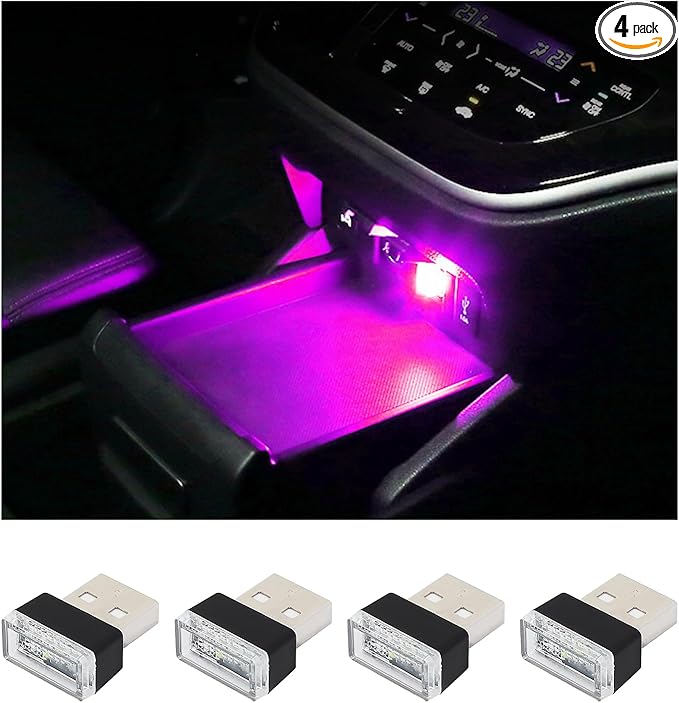 Augeny 4 PCS USB LED Car Interior Atmosphere Lamp, Plug-in USB Decor Night Light, Portable Auto Ambient Lighting Kit, Universal Vehicle Interior Accessories for Most Cars (Purple)