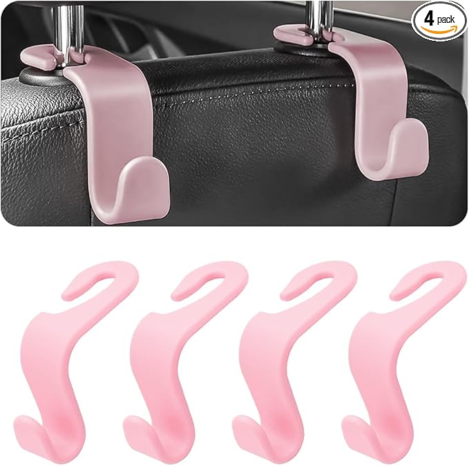 4PCS Car Back Seat Headrest Hooks, Rear Car Seat Storage Headrest Hanger Holder Hooks Organizer, Universal Auto Interior Accessories for Bag Purse Handbag Cloth Coats Grocery (Light Pink)