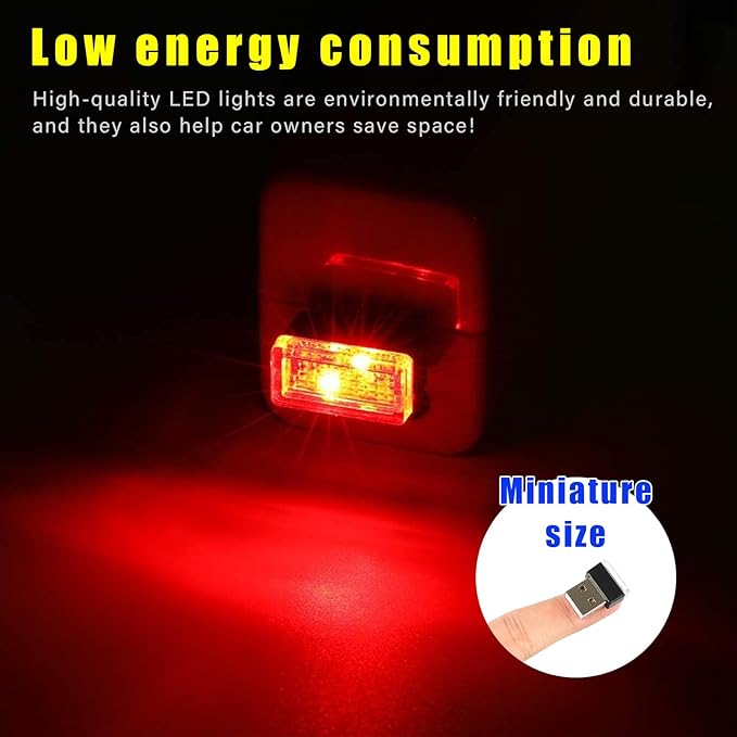 Augeny 4 PCS USB LED Car Interior Atmosphere Lamp, Plug-in USB Decor Night Light, Portable Auto Ambient Lighting Kit, Universal Vehicle Interior Accessories for Most Cars (Red)