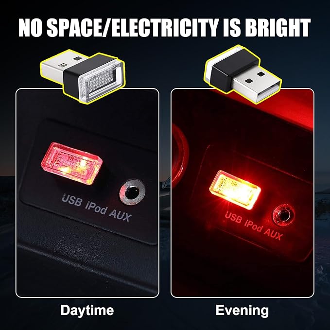 Ziciner 4 PCS USB LED Car Interior Atmosphere Lamp, Portable Mini LED Night Light, Plug-in USB Interface Trunk Ambient Lighting Kit, Universal Interior Accessories (Red+Purple)