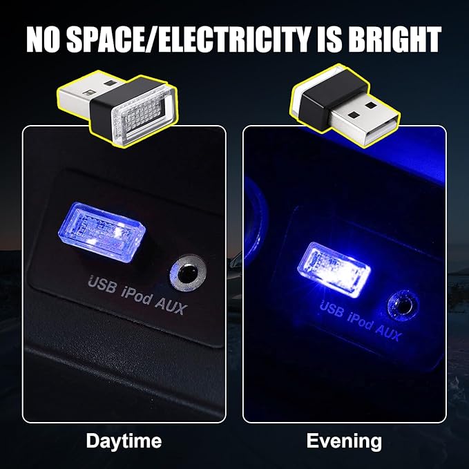 Ziciner 4 PCS USB LED Car Interior Atmosphere Lamp, Portable Mini LED Night Light, Plug-in USB Interface Trunk Ambient Lighting Kit, Universal Car Interior Accessories (Blue)