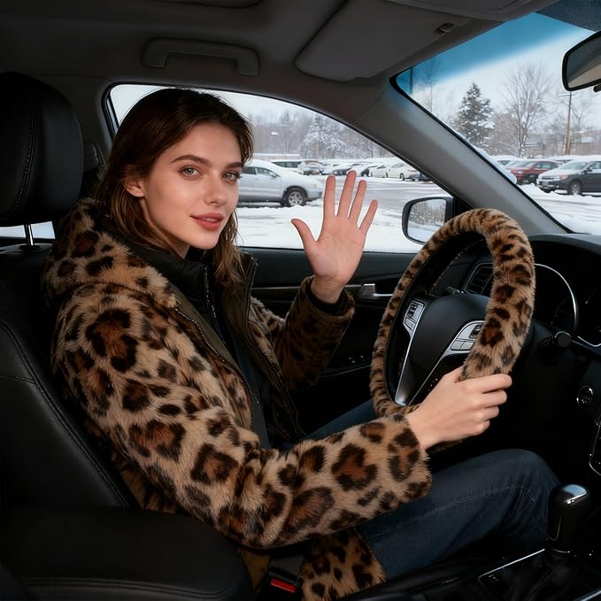 Brown Leopard Print Fuzzy Steering Wheel Cover for Women, Universal Auto Steering Wheel 14-15 Inch Soft Warm Car Interior Accessories with 2PCS Car Coasters, Suitable for Men and Women
