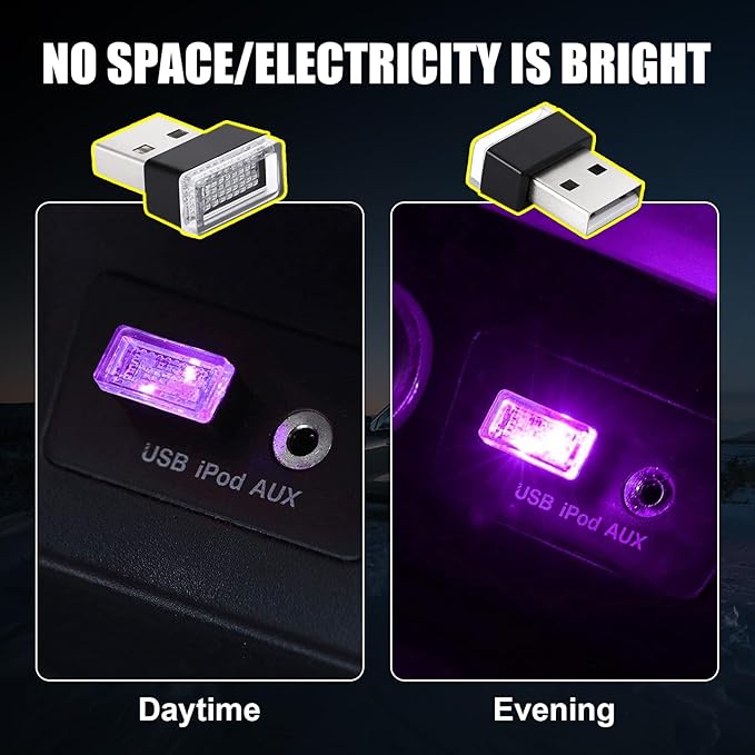 Ziciner 4 PCS USB LED Car Interior Atmosphere Lamp, Portable Mini LED Night Light, Plug-in USB Interface Trunk Ambient Lighting Kit, Universal Interior Accessories (Ice Blue+Purple)
