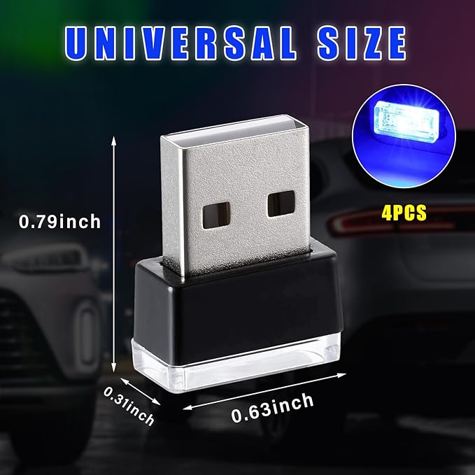 Augeny 4 PCS USB LED Car Interior Atmosphere Lamp, Plug-in USB Decor Night Light, Portable Auto Ambient Lighting Kit, Universal Vehicle Interior Accessories for Most Cars (Blue)