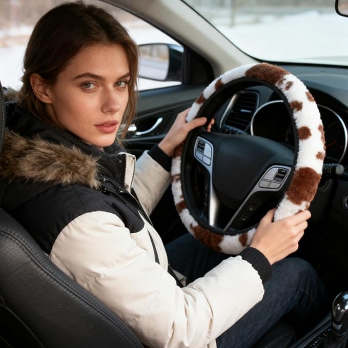 Brown Cow Fuzzy Steering Wheel Cover for Women, Universal Auto Steering Wheel 14-15 Inch Soft Warm Car Interior Accessories with 2PCS Car Coasters, Suitable for Men and Women