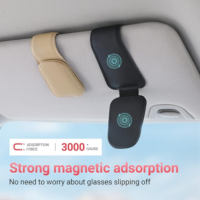 KanSmart Sunglass Holder for Car Sun Visor, Magnetic Sunglasses Clip, Leather Glasses Eyeglass Holder and Ticket Card Clip, Auto Interior Accessories Universal for Car SUV Truck Pickup -Black