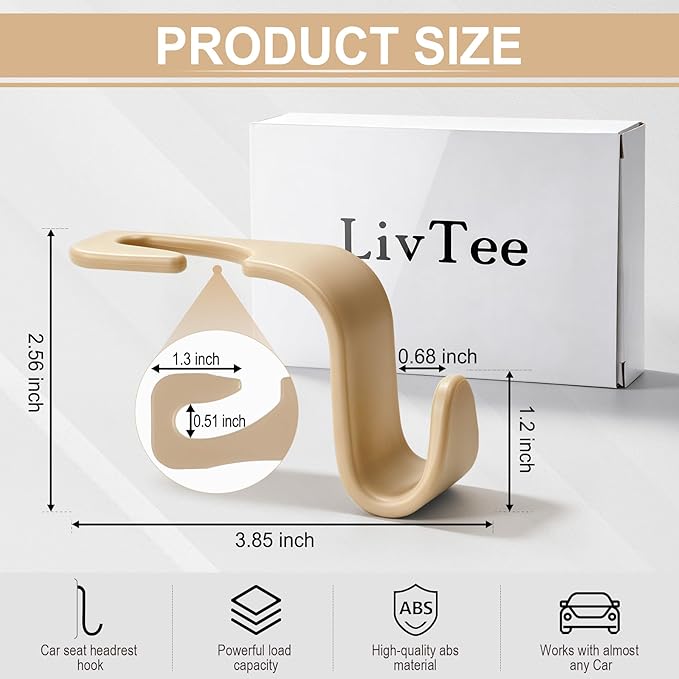 LivTee Car Seat Headrest Hook, Auto Seat Hook Hangers Storage Organizer Interior Accessories for Purse Coats Umbrellas Grocery Bags Handbag, 4-Pack