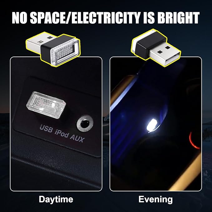 Ziciner 4 PCS USB LED Car Interior Atmosphere Lamp, Portable Mini LED Night Light, Plug-in USB Interface Trunk Ambient Lighting Kit, Universal Interior Accessories for Most Vehicles (White, Purple)