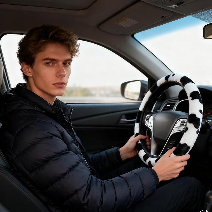 Black and White Cow Print Fuzzy Steering Wheel Cover for Women, Universal Auto Steering Wheel 14-15 Inch Soft Warm Car Interior Accessories with 2PCS Car Coasters, Suitable for Men and Women