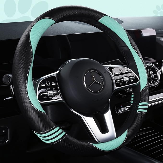 HighnessHwoo Car Steering Wheel Covers for Women Padded Carbon Fiber PU Leather Cute Auto Interior Accessories for Vehicle, Sedan, Universal, Anti Slip, Green, Standard Size, 14.75-15.15in