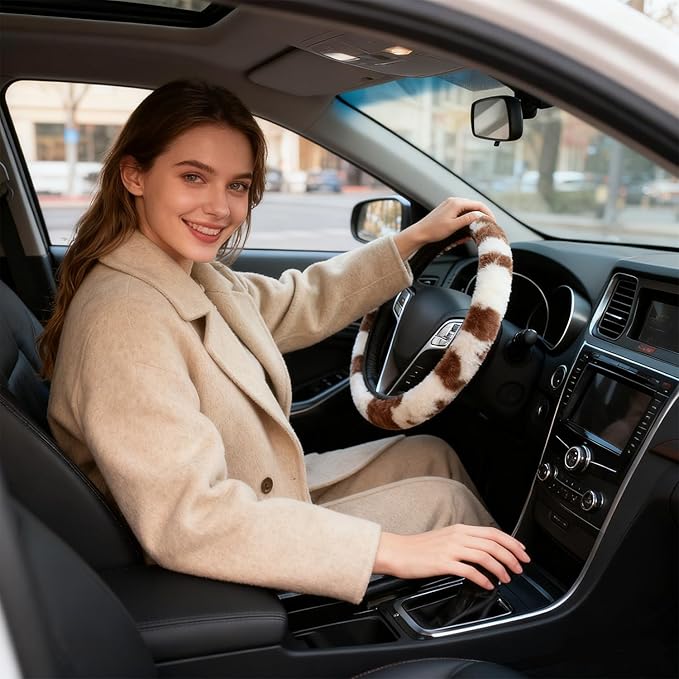 Brown Cow Fuzzy Steering Wheel Cover for Women, Universal Auto Steering Wheel 14-15 Inch Soft Warm Car Interior Accessories with 2PCS Car Coasters, Suitable for Men and Women