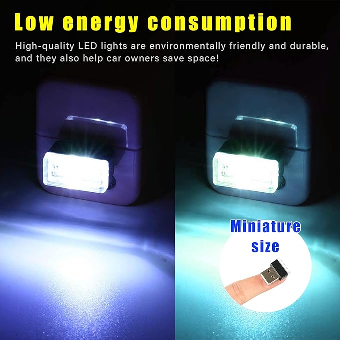 Augeny 4 PCS USB LED Car Interior Atmosphere Lamp, Plug-in USB Decor Night Light, Portable Auto Ambient Lighting Kit, Universal Vehicle Interior Accessories for Most Cars (White & Ice Blue)