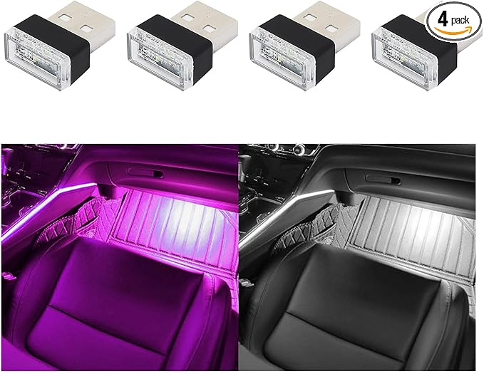 Augeny 4 PCS USB LED Car Interior Atmosphere Lamp, Plug-in USB Decor Night Light, Portable Auto Ambient Lighting Kit, Universal Vehicle Interior Accessories for Most Cars (White & Purple)