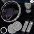 Bling Car Accessories Set of 7,Crystal Rhinestone Diamond Interior Accessories,Bling Steering Wheel Cover,Bling Seat Belt Cover,Gear Shift Cover,Car Bling Ring, Coasters,Silver