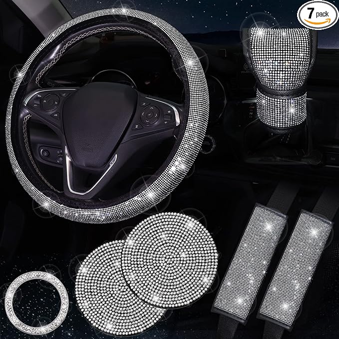 Bling Car Accessories Set of 7,Crystal Rhinestone Diamond Interior Accessories,Bling Steering Wheel Cover,Bling Seat Belt Cover,Gear Shift Cover,Car Bling Ring, Coasters,Silver