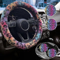 Cheetah Leopard Print Fuzzy Steering Wheel Cover for Women, Universal Auto Steering Wheel 14-15 Inch Soft Warm Car Interior Accessories with 2PCS Car Coasters, Suitable for Men and Women