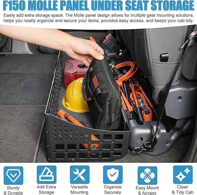 F150 Under Seat Storage Molle Panel for 2015-2026 Ford F150 & 2017-2026 F250 F350 Super Duty Supercrew/Crew Cab Interior Accessories, Truck Rear Underseat Molle Panel Organizer and Storage Box