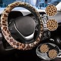 Brown Leopard Print Fuzzy Steering Wheel Cover for Women, Universal Auto Steering Wheel 14-15 Inch Soft Warm Car Interior Accessories with 2PCS Car Coasters, Suitable for Men and Women