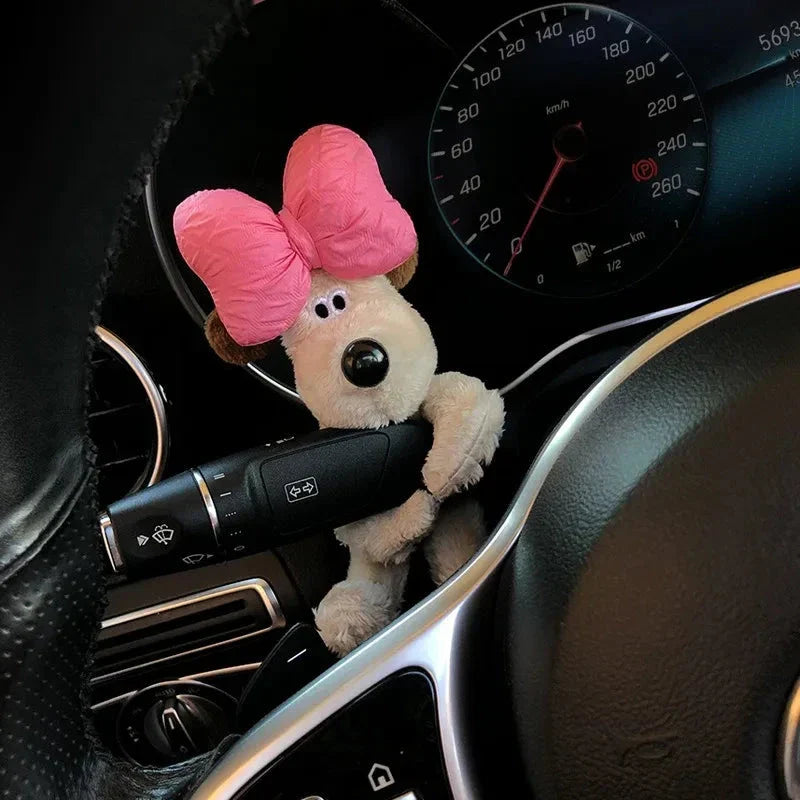 Kawaii Plush Puppy Clutch Decoration – Cute Dog Car Wiper & Turn Signal Switch Ornament with Bowknot | Auto Interior Accessories
